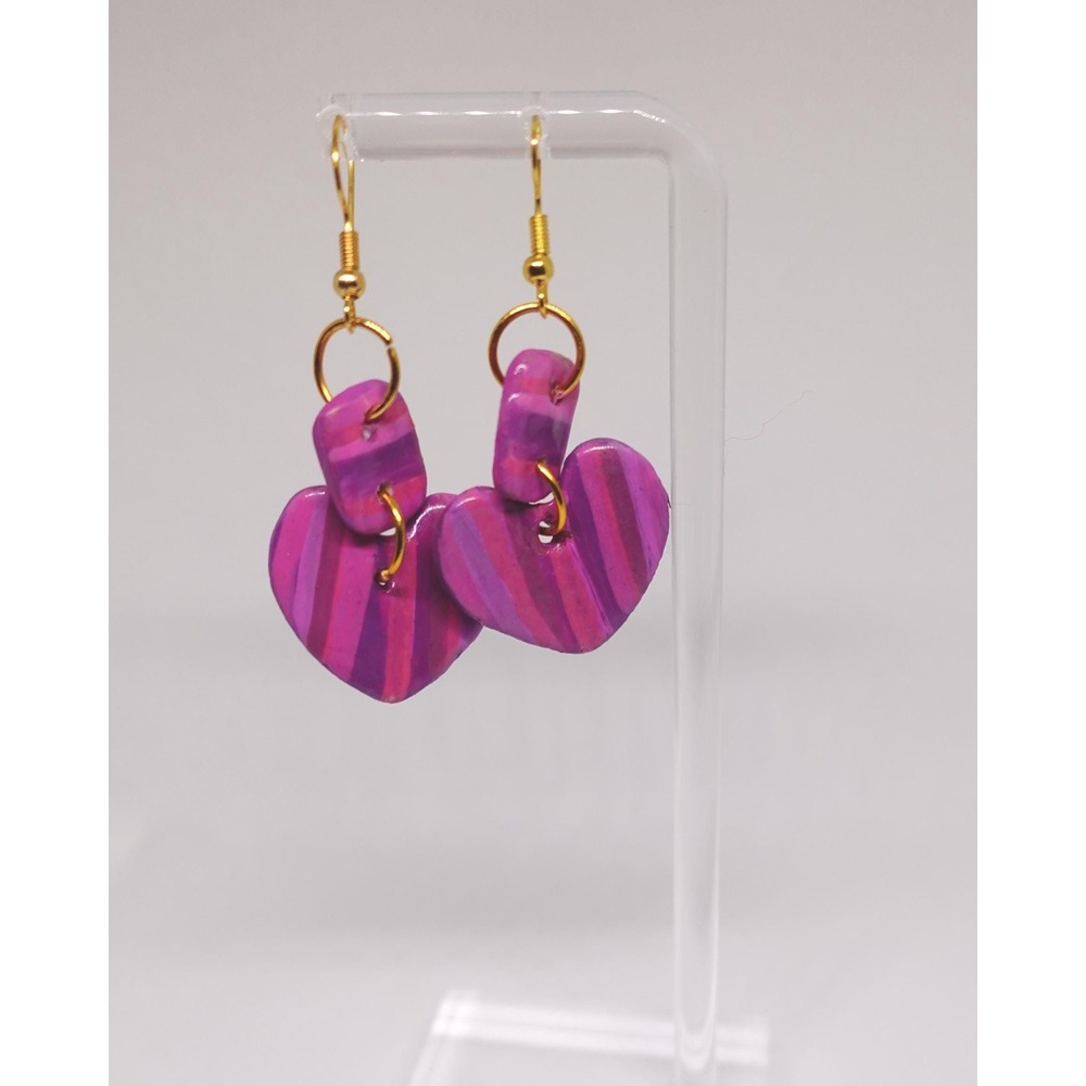 Striped Heart Earrings Pink Boho Polymer Clay Dangle Artisan Statement Drops